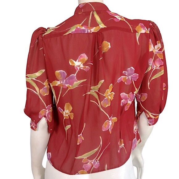 VINTAGE Sheer Brick Red Floral Ruffle Neck Short Sleeve Button Up Blouse - Picture 3 of 6
